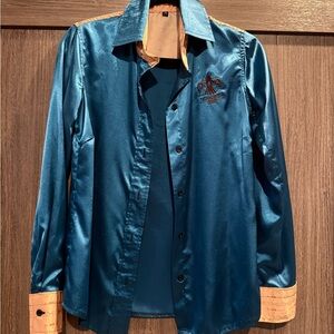 Satin Button-Down Shirt - Teal with Contrast Cuffs